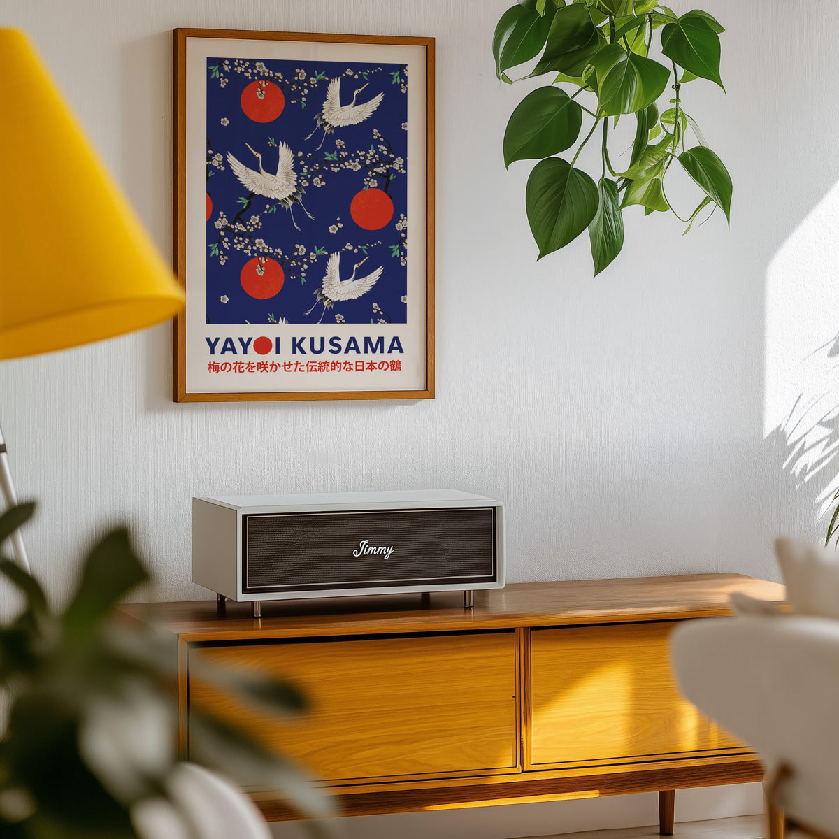 Yayoi Kusama inspired cranes and plum blossom on cobalt print in an oak frame above a teak sideboard with pothos