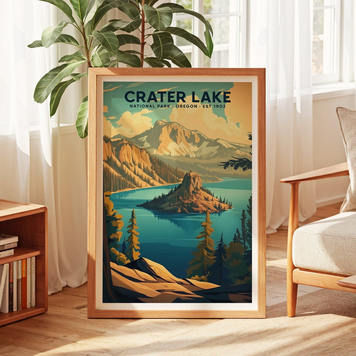 Crater Lake National Park print in an oak frame by a sunlit window with sheer curtains