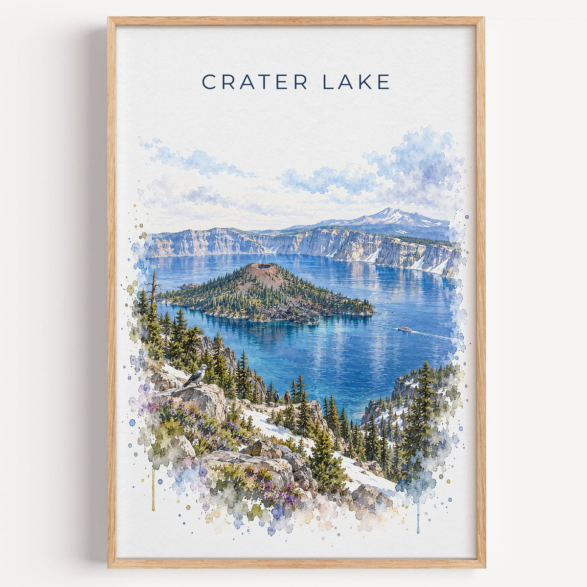Crater Lake National Park watercolor print in a light oak frame on a plain white wall