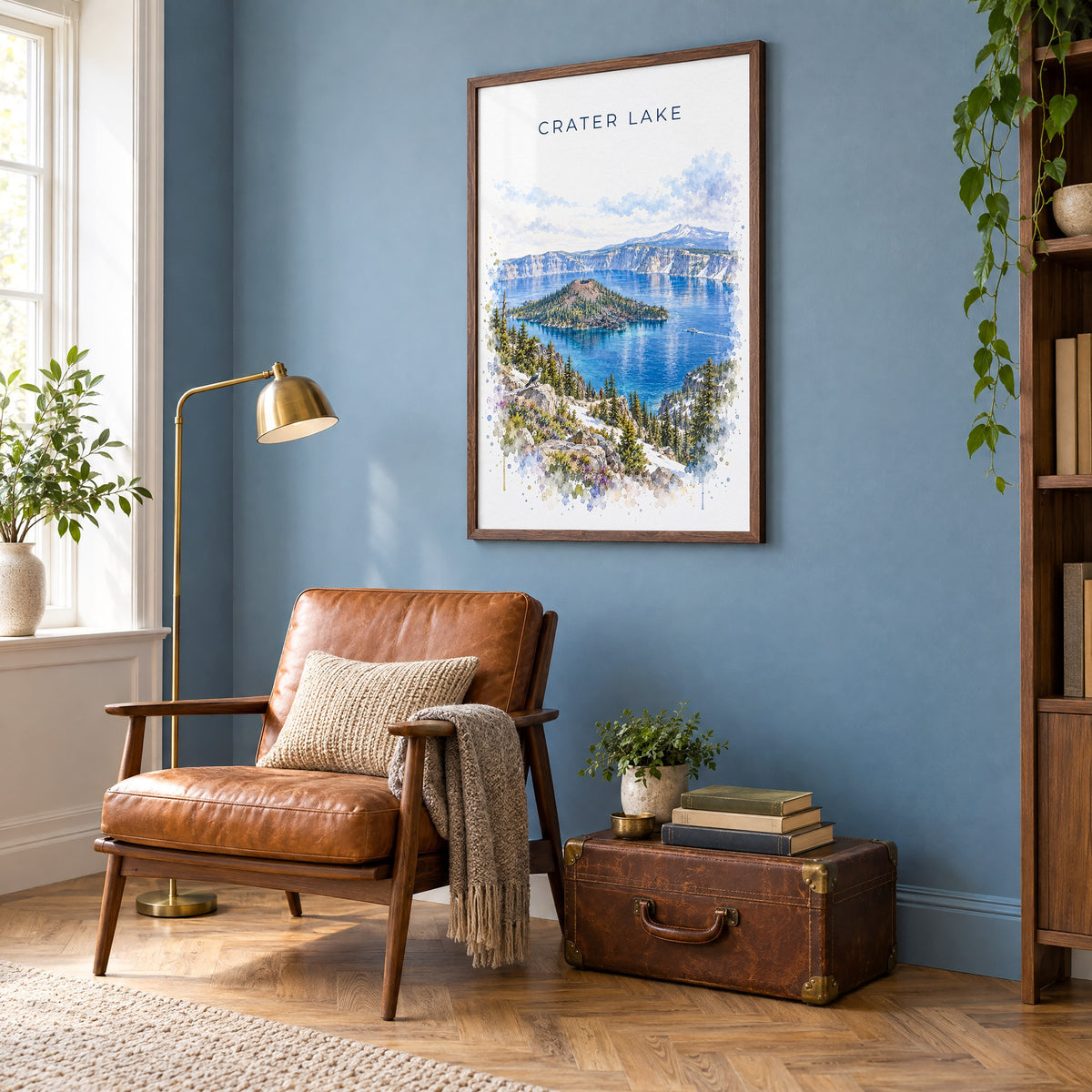 Crater Lake National Park watercolor print in a walnut frame on a blue wall above a leather armchair in a reading nook