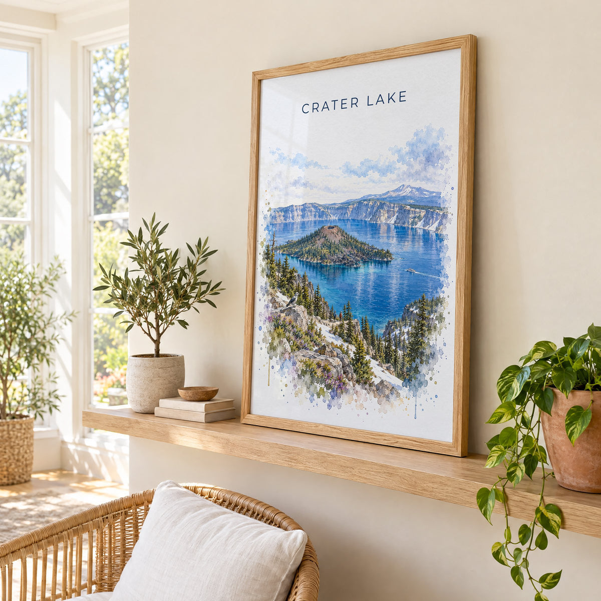 Crater Lake National Park watercolor print in an oak frame on a picture ledge in a sunlit sunroom