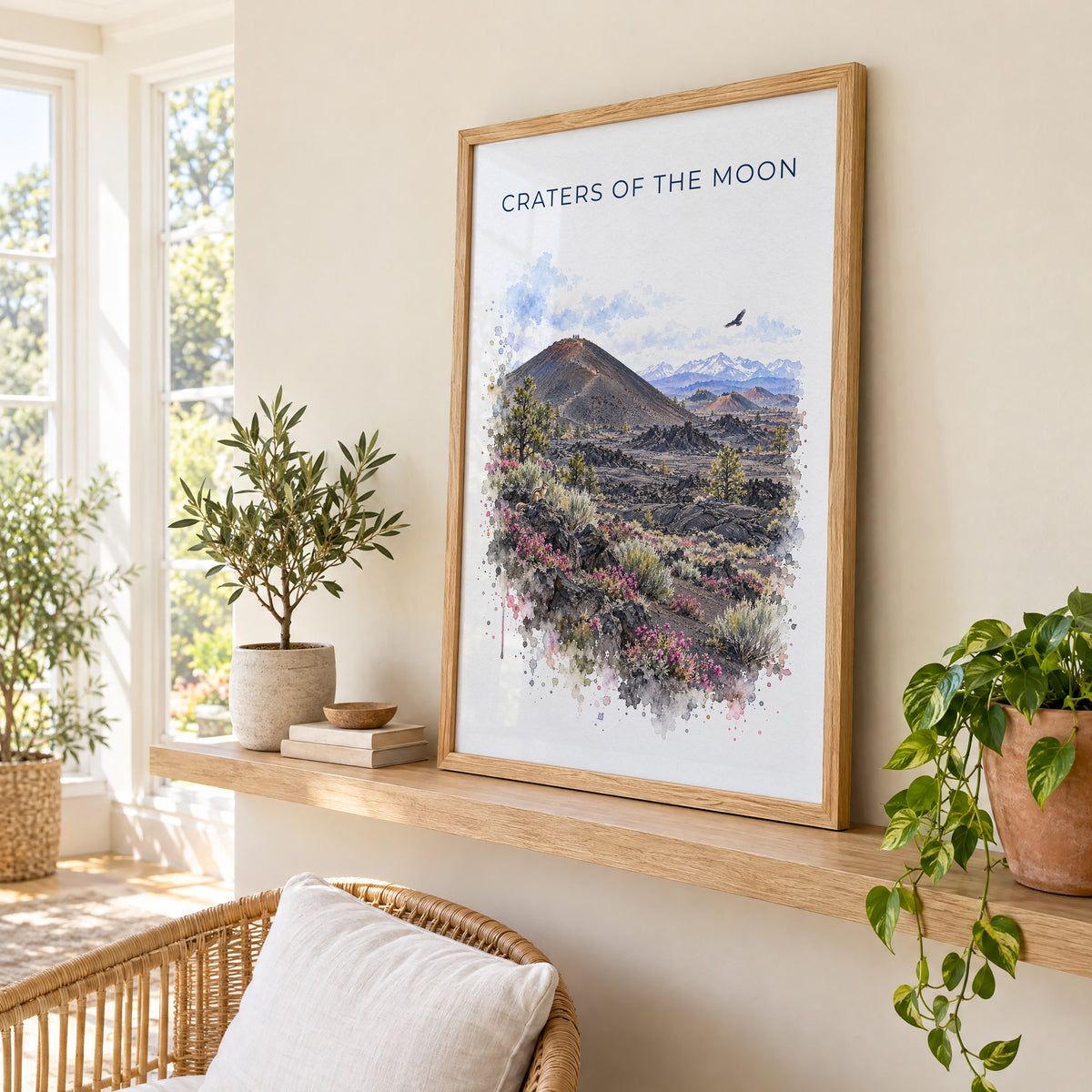 Craters of the Moon National Monument watercolor print in an oak frame on a picture ledge in a sunlit sunroom