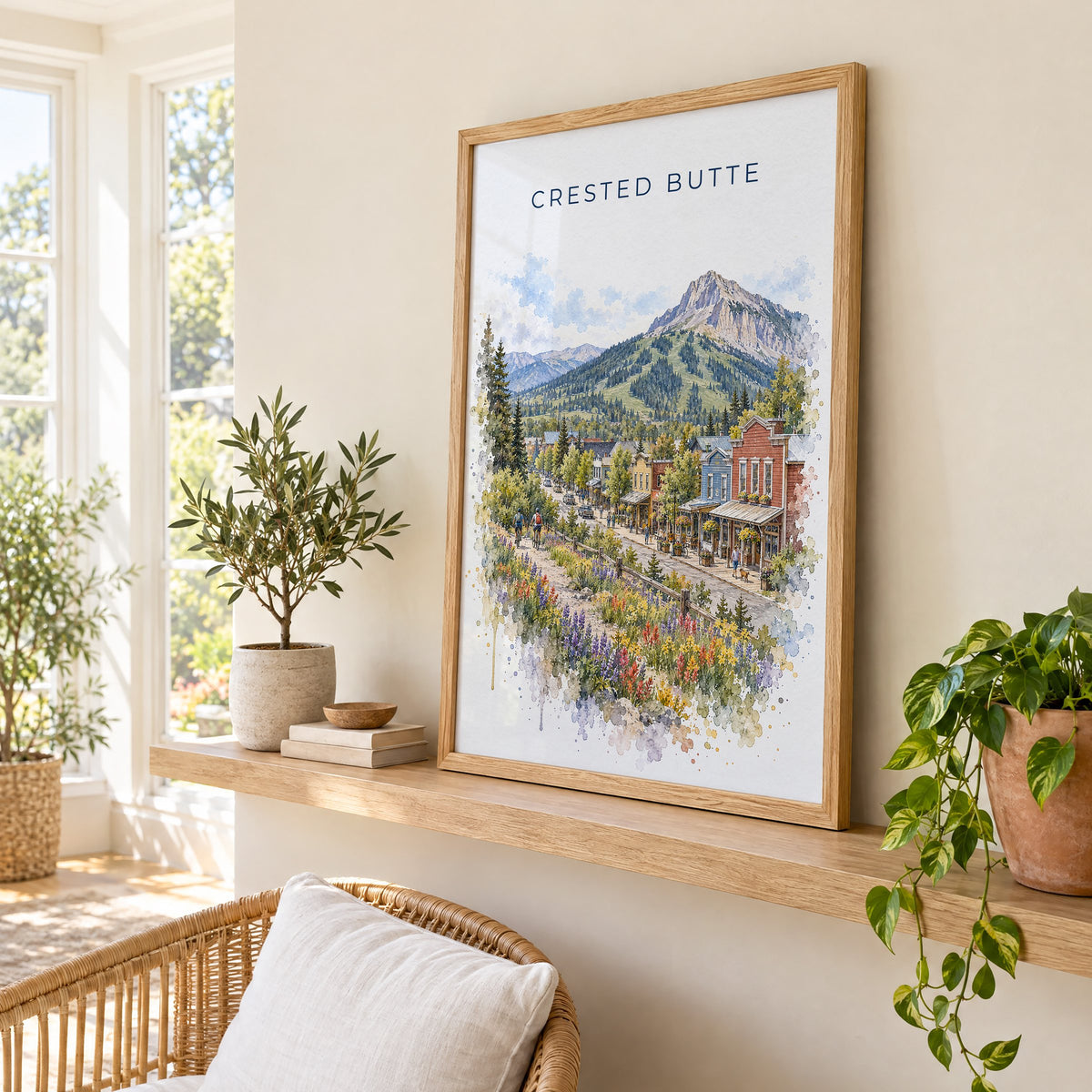 Crested Butte watercolor print in an oak frame on a picture ledge in a sunlit sunroom