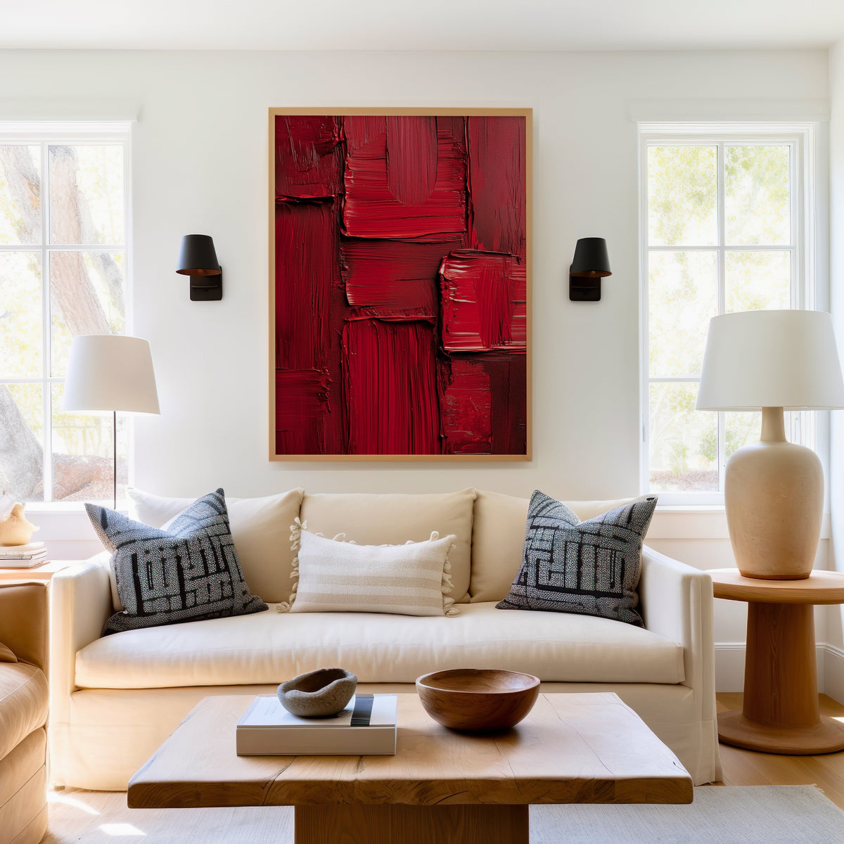 Crimson red impasto blocks abstract print in a light oak frame above a cream sofa between two black wall sconces
