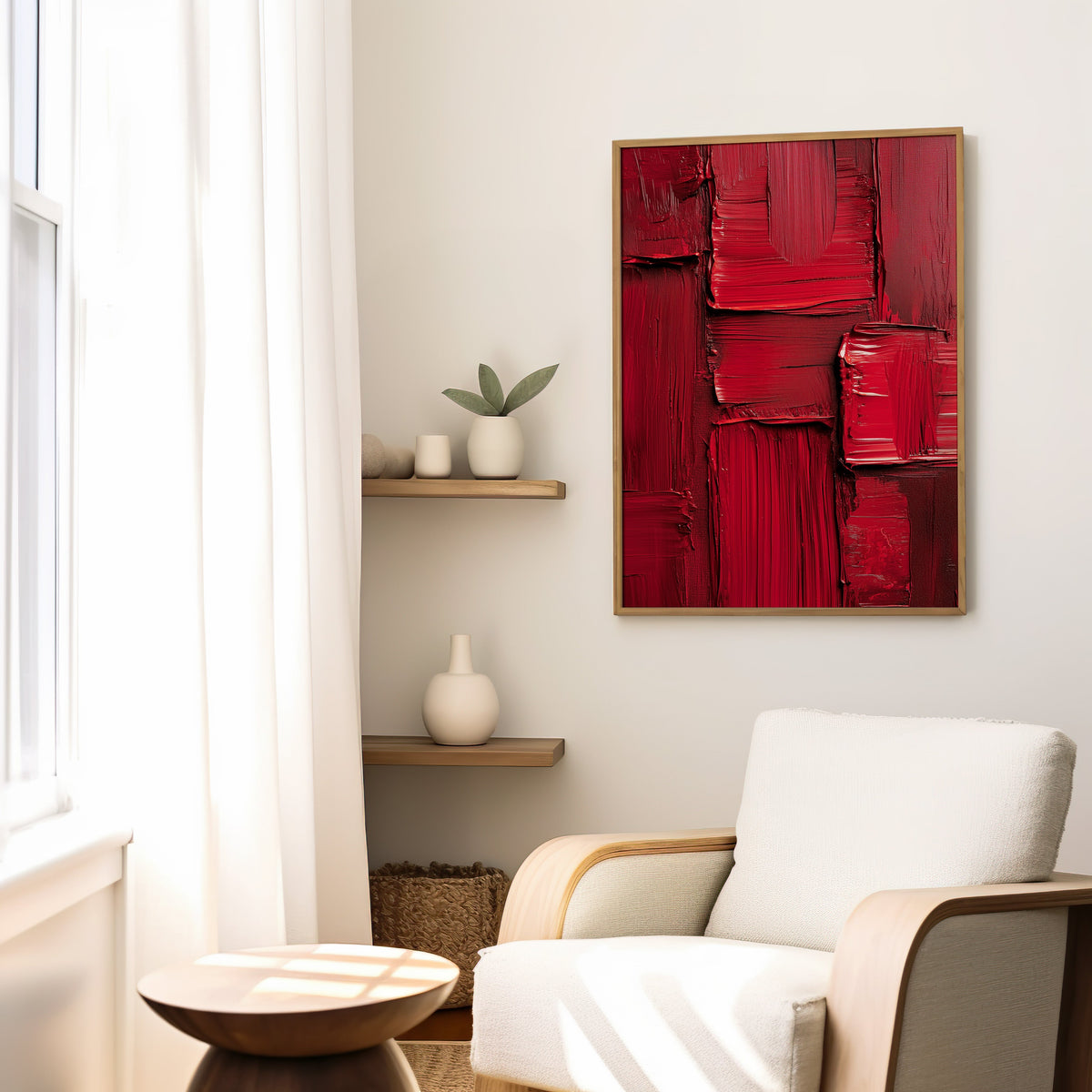 Crimson red impasto blocks abstract print in a slim oak frame above a cream boucle armchair by floating shelves