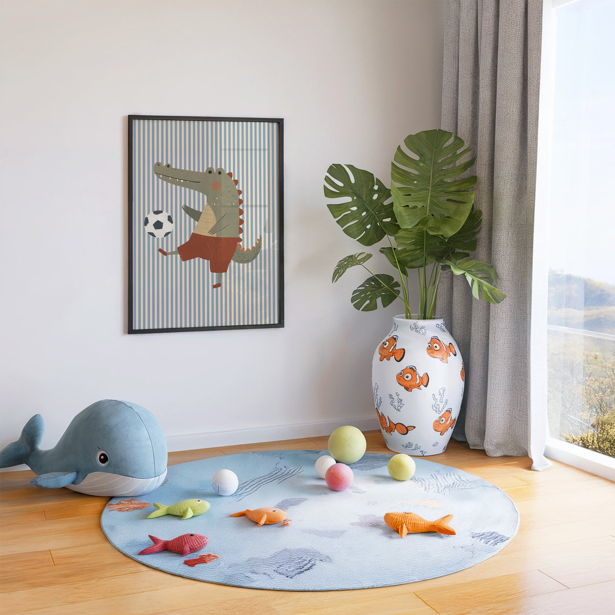 Crocodile soccer ball nursery print in a black frame in a playroom with an ocean rug and whale plush