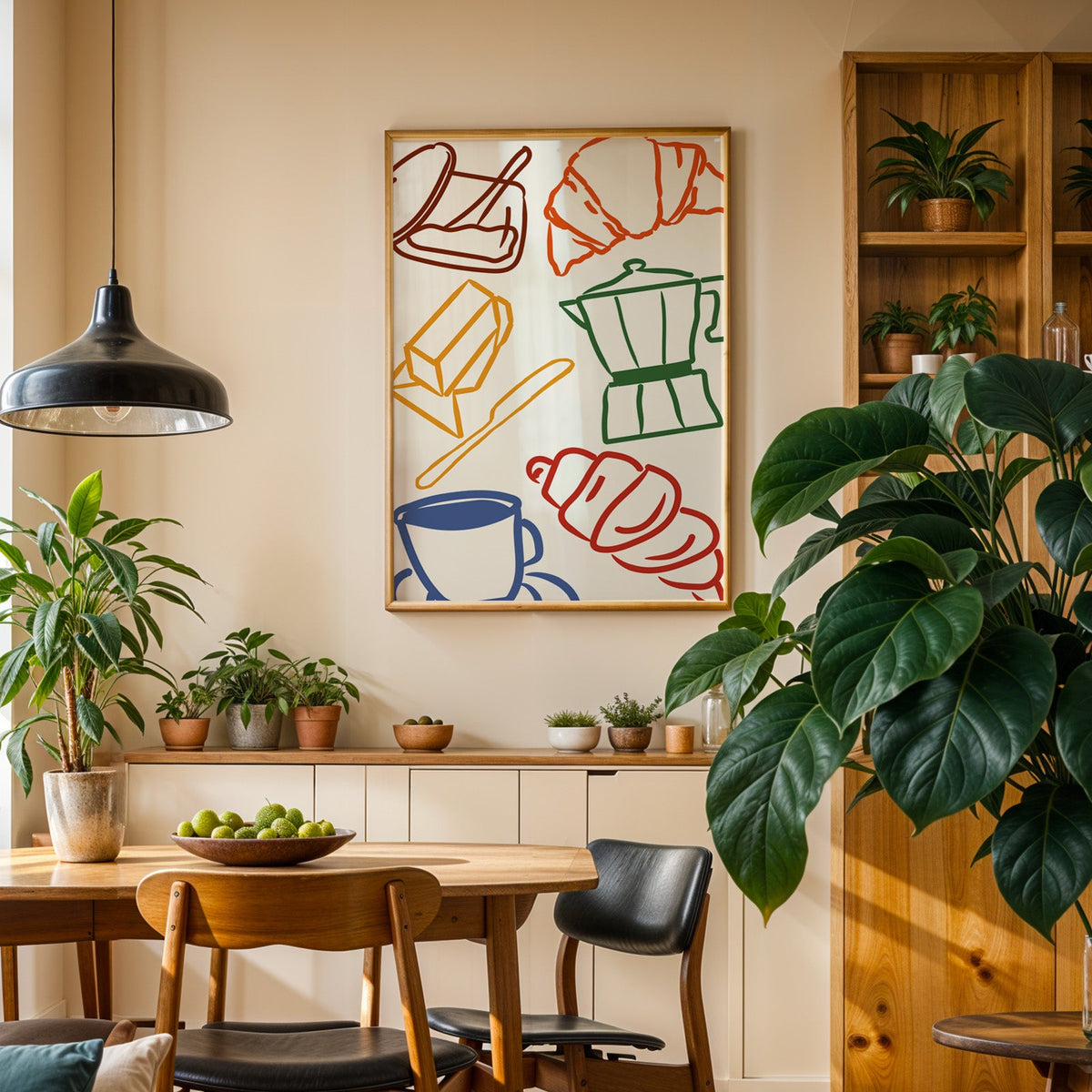 Croissant and coffee doodle print in an oak frame above a sideboard in a plant-filled dining room