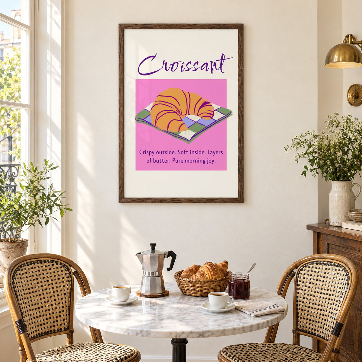 Croissant on checkered napkin pink panel print in a walnut frame above a marble bistro table with croissants and rattan chairs