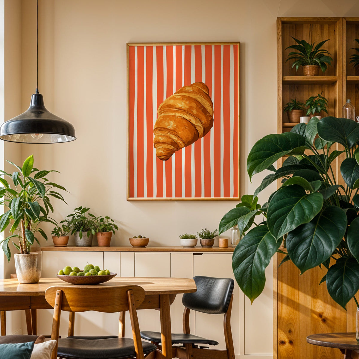 Painted croissant print in an oak frame above a sideboard in a plant-filled dining room