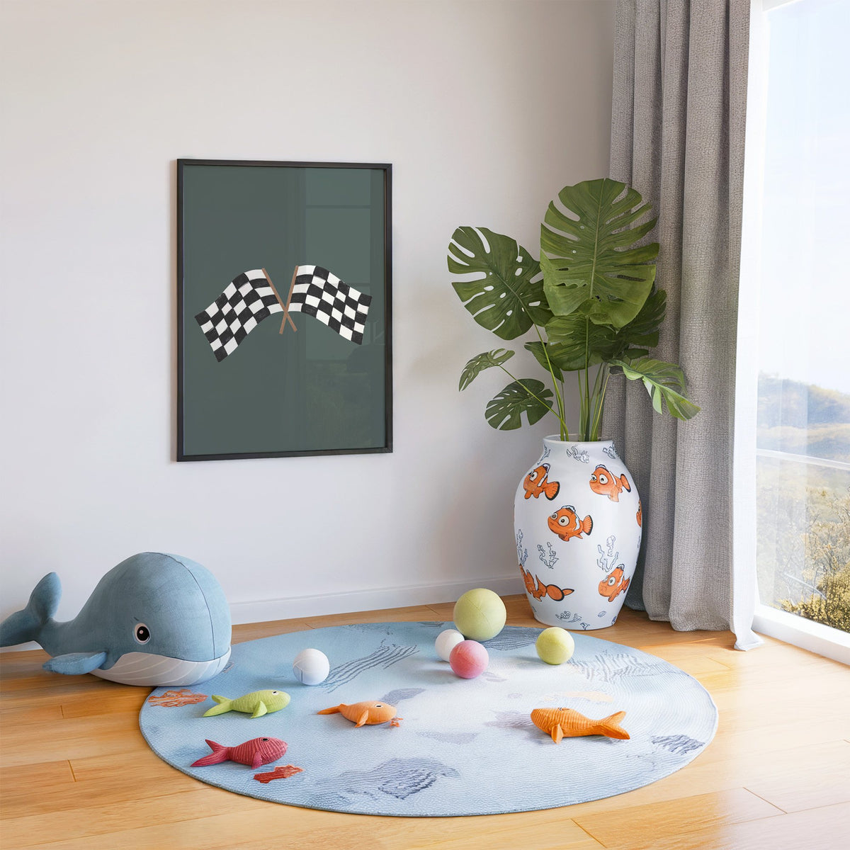 Crossed checkered racing flags nursery print in a black frame in a playroom with an ocean rug and whale plush