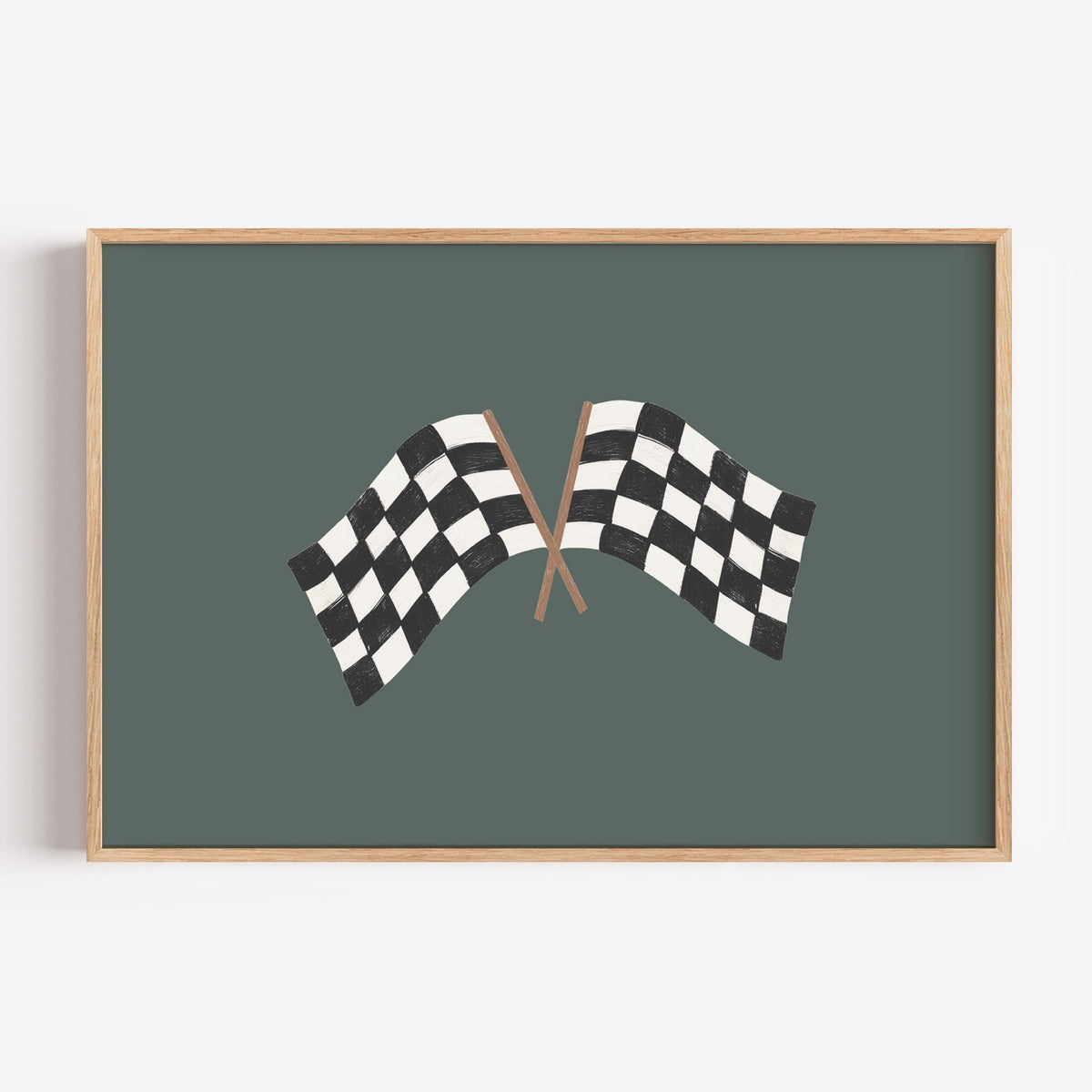 Landscape crossed checkered racing flags nursery print in a light oak frame on a plain white wall