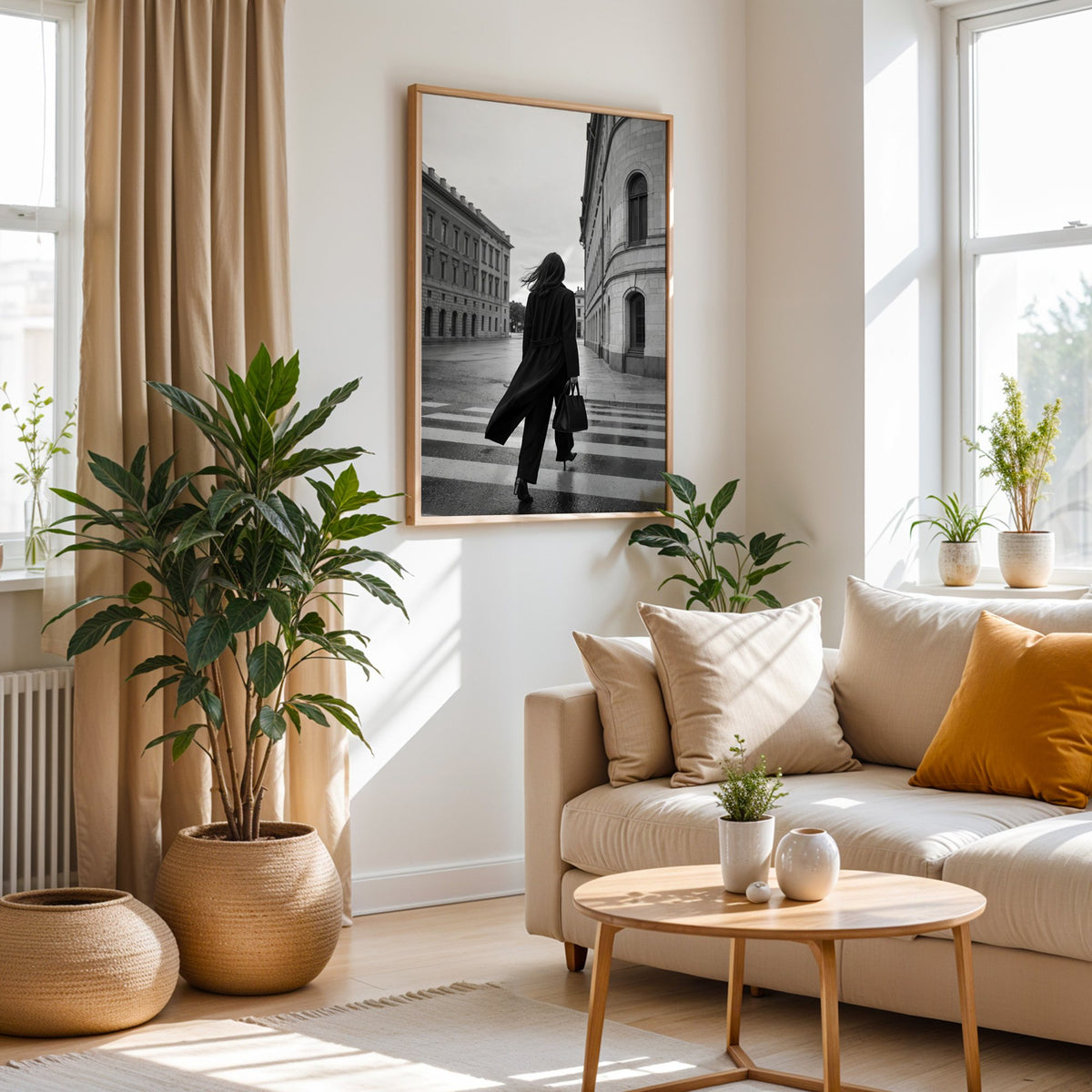 Woman in long black coat on wet crosswalk print in an oak frame above a cream sofa beside woven planters