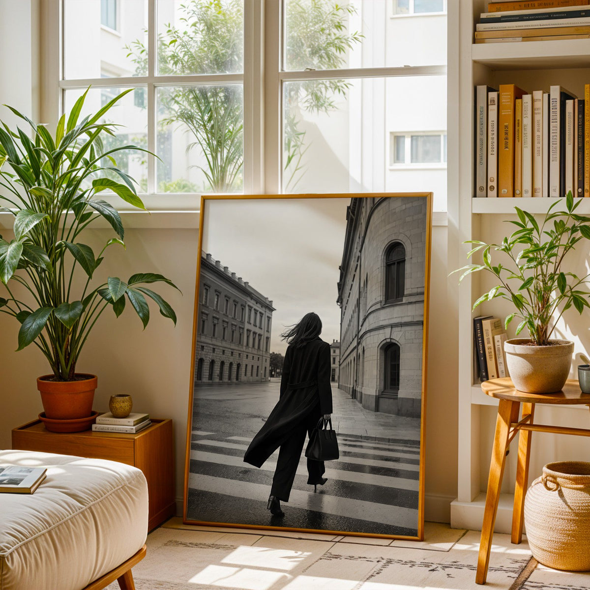 Woman in long black coat on wet crosswalk print shown in a brass frame leaning on a sunlit living room floor