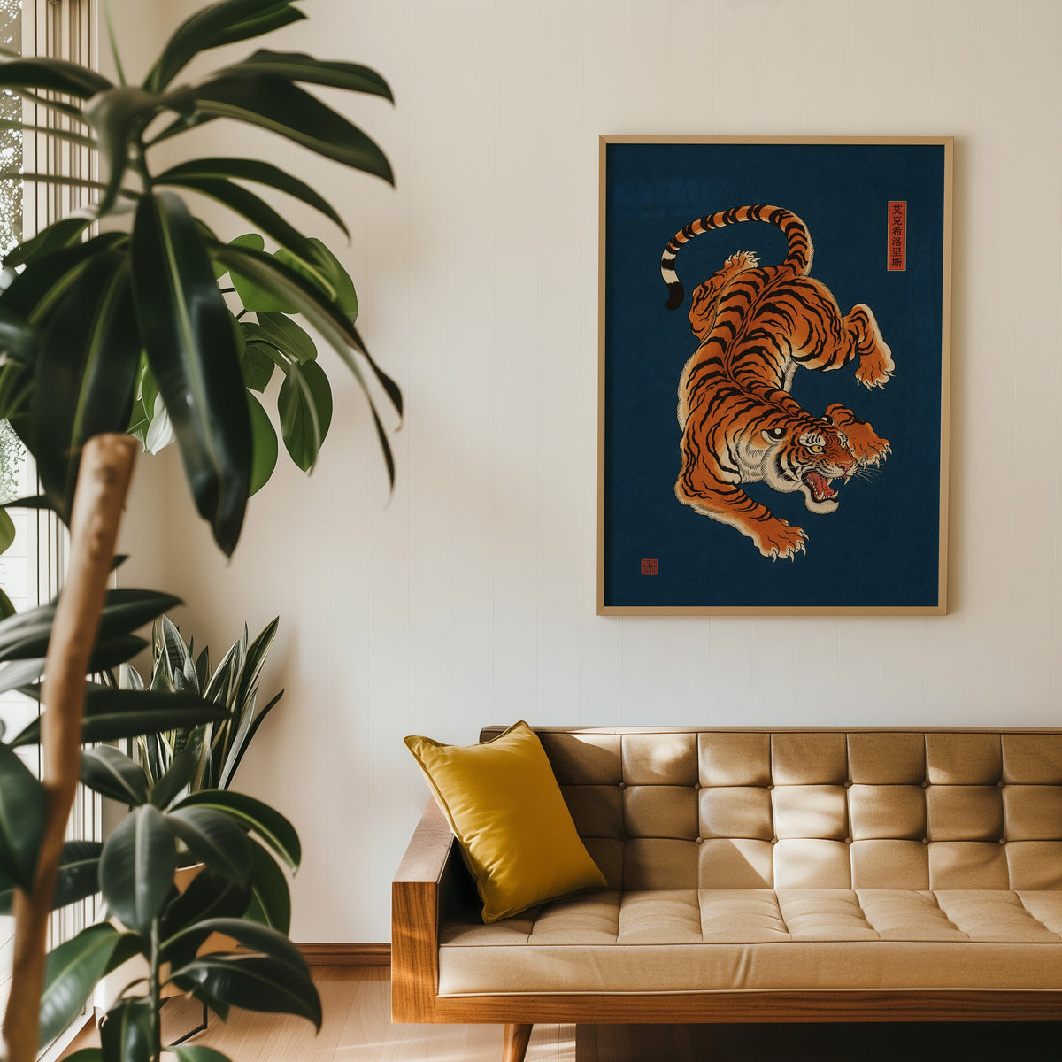orange tiger on navy blue print in an oak frame above a tan tufted leather sofa with a mustard cushion