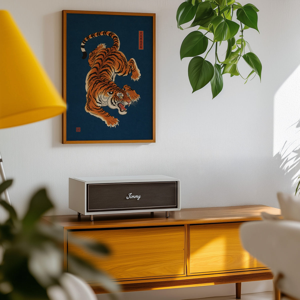 orange tiger on navy blue print in an oak frame above a teak mid-century sideboard with trailing pothos