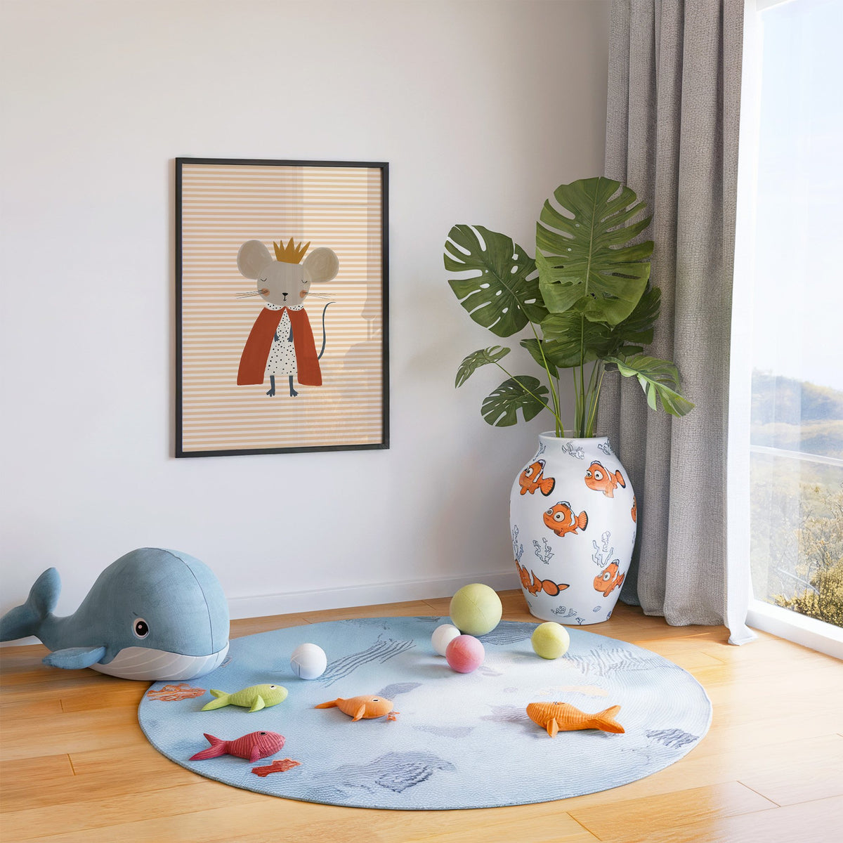 Crowned mouse red cape nursery print in a black frame in a playroom with an ocean rug and whale plush