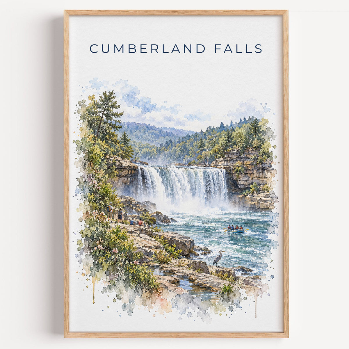 Cumberland Falls watercolor print in a light oak frame on a plain white wall