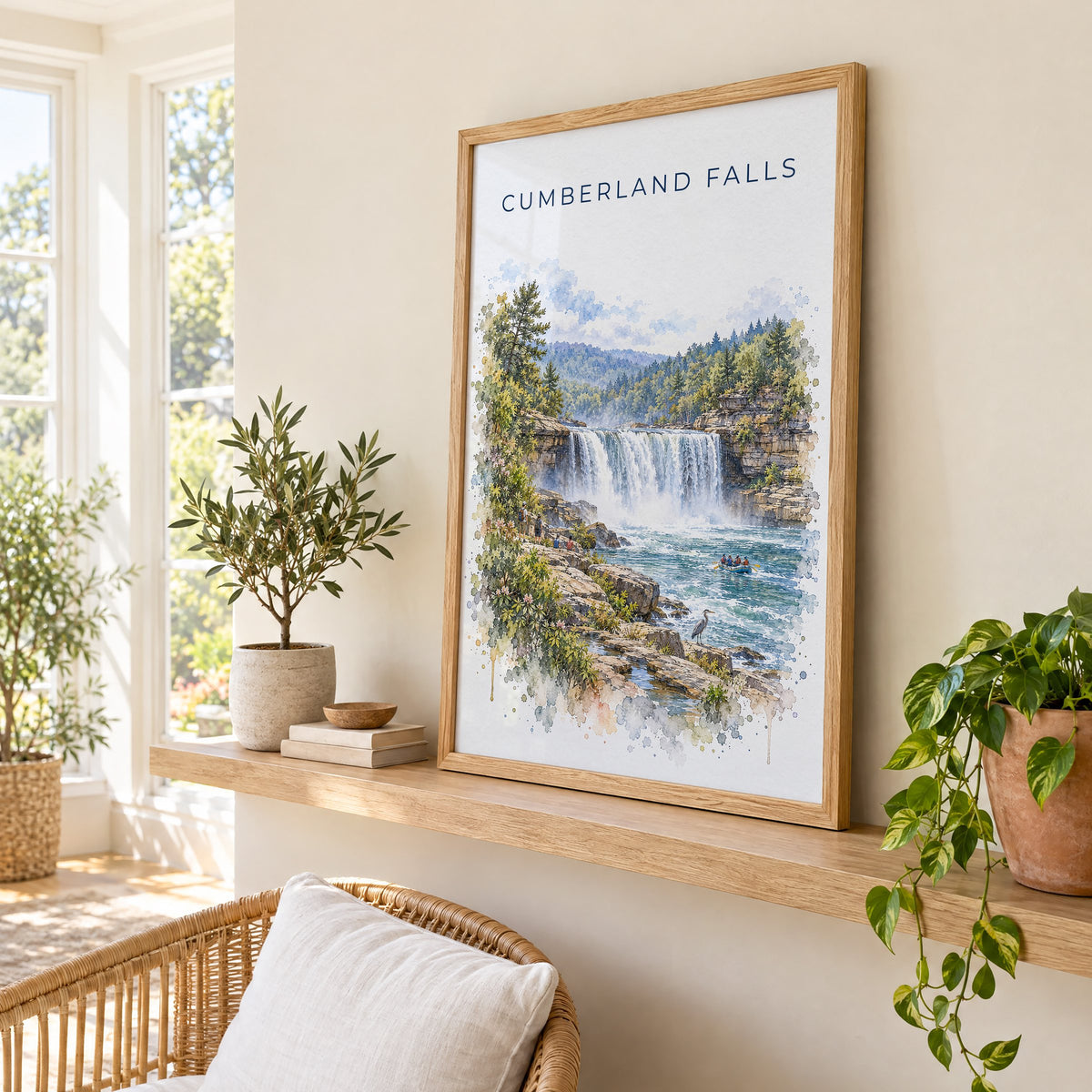 Cumberland Falls watercolor print in an oak frame on a picture ledge in a sunlit sunroom