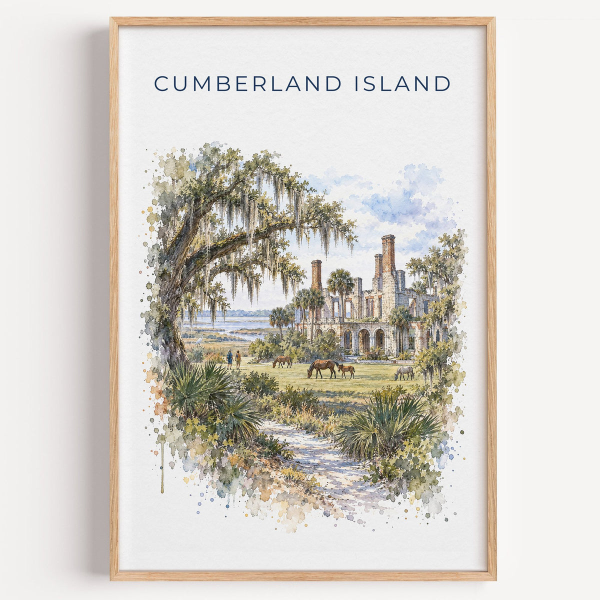 Cumberland Island watercolor print in a light oak frame on a plain white wall