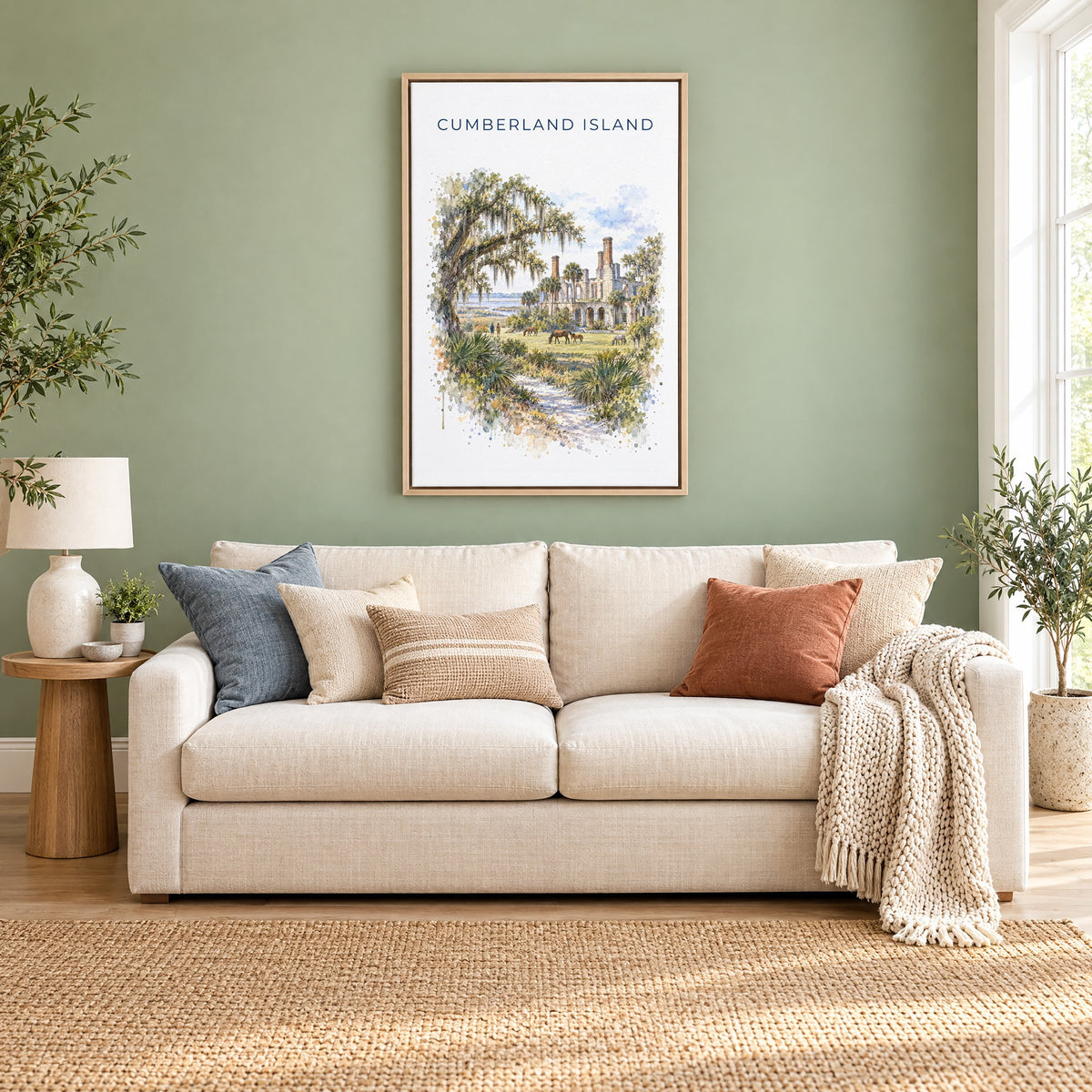 Cumberland Island watercolor print as a natural floater canvas above a cream linen sofa on a sage green wall