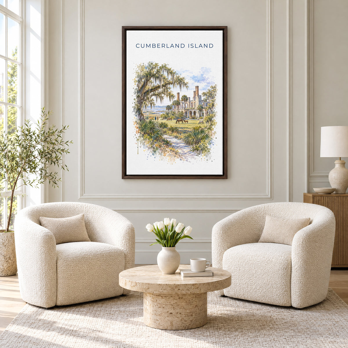 Cumberland Island watercolor print as an espresso floater canvas above two boucle armchairs in a hotel lounge