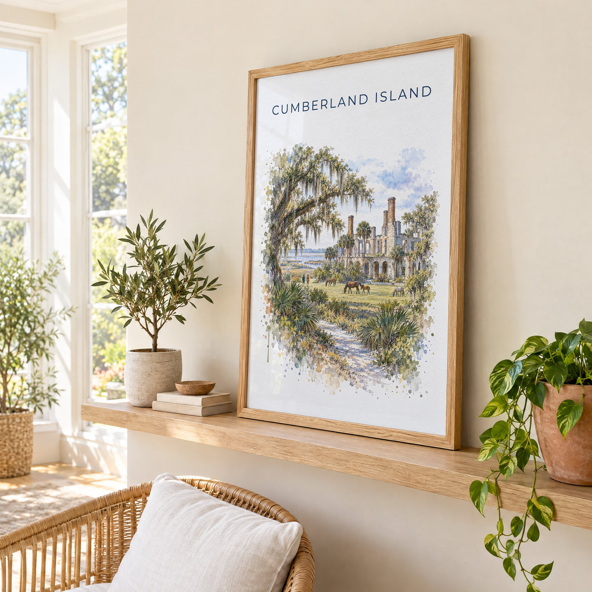 Cumberland Island watercolor print in an oak frame on a picture ledge in a sunlit sunroom