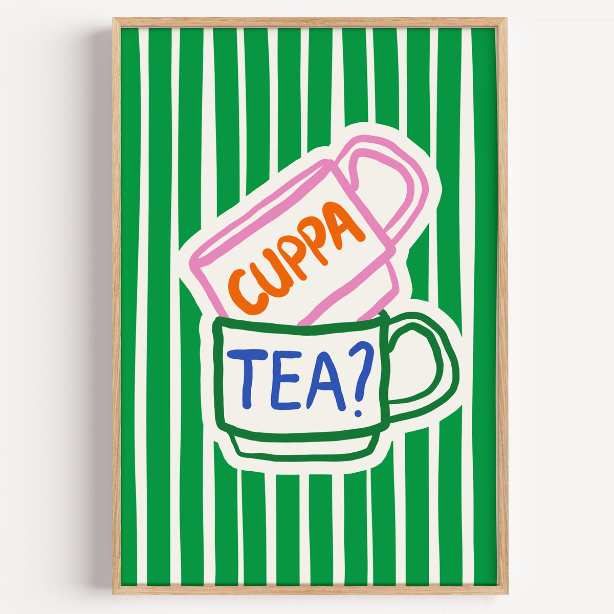 Cuppa tea print in a light oak frame on a plain white wall