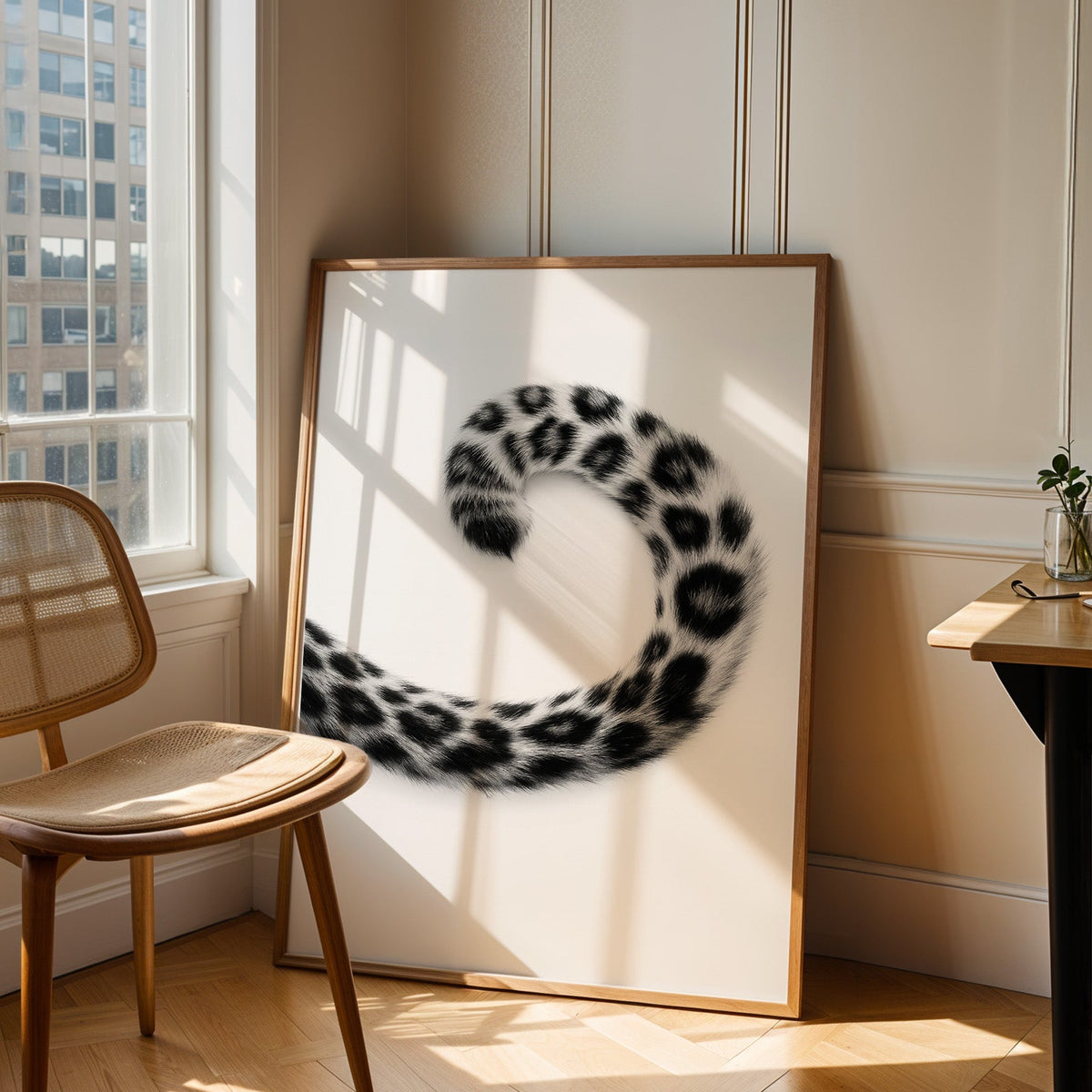 Curled spotted leopard tail on white minimal print in an oak frame leaning in a sunlit corner beside a cane chair