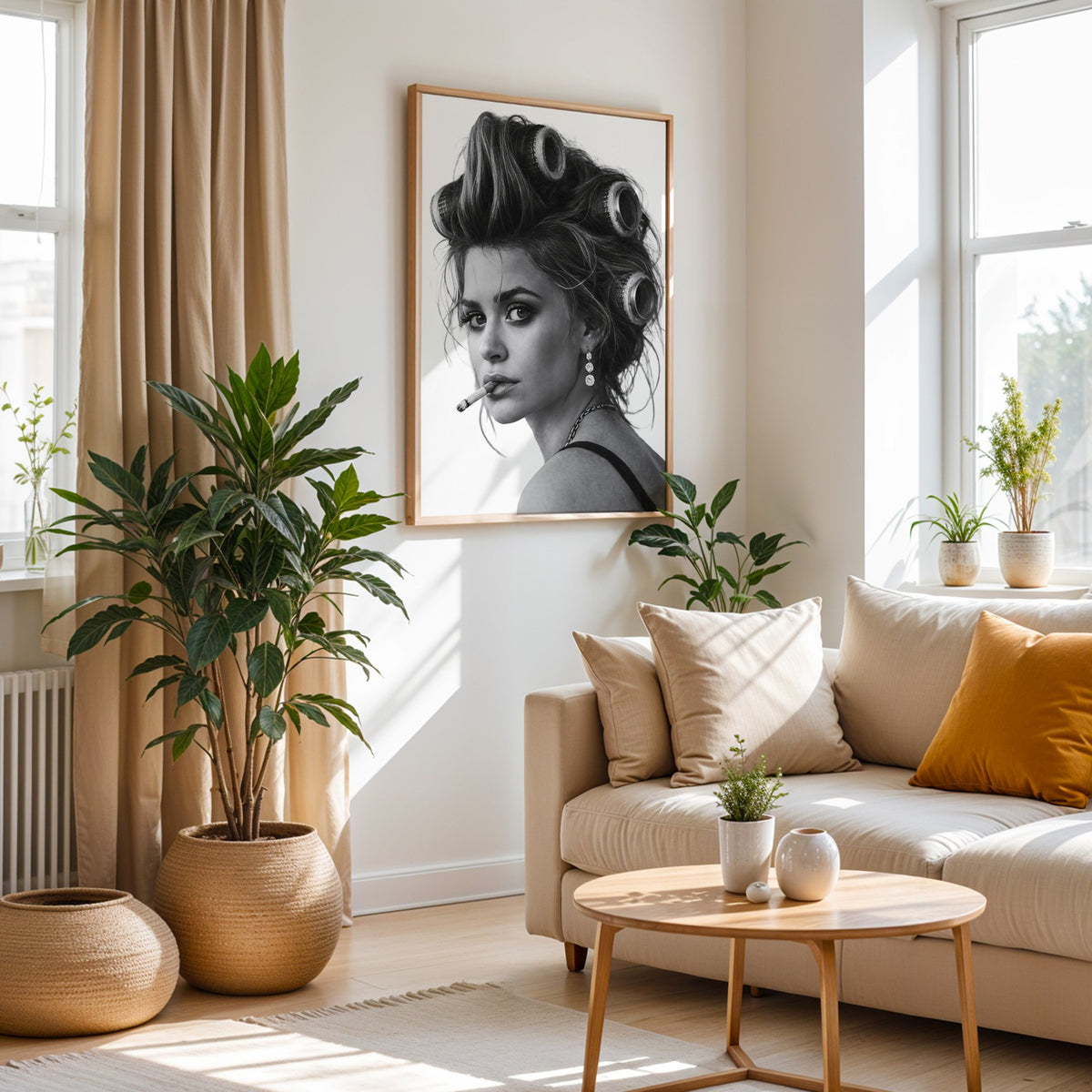Woman in big curlers looking over shoulder print in an oak frame above a cream sofa beside woven planters