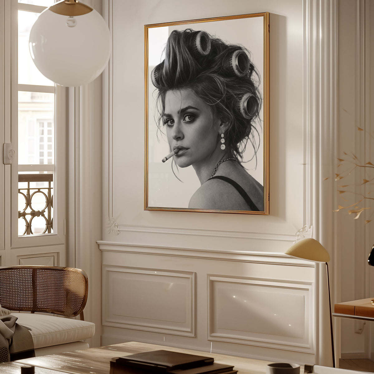 Woman in big curlers looking over shoulder print shown in a gold frame in a Parisian paneled living room