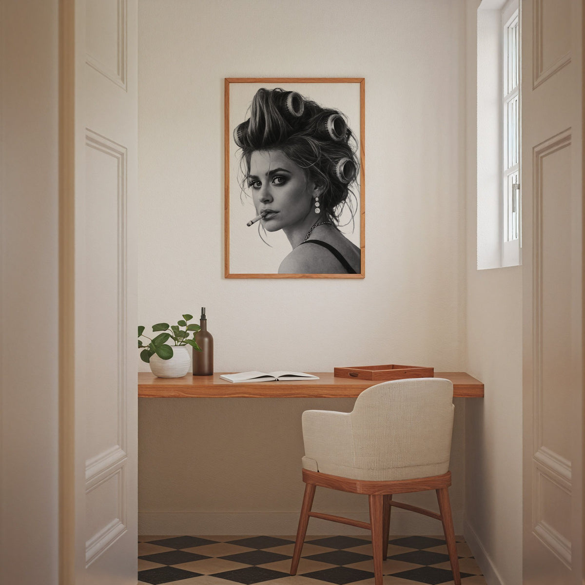 Woman in big curlers looking over shoulder print in an oak frame above a home office desk nook