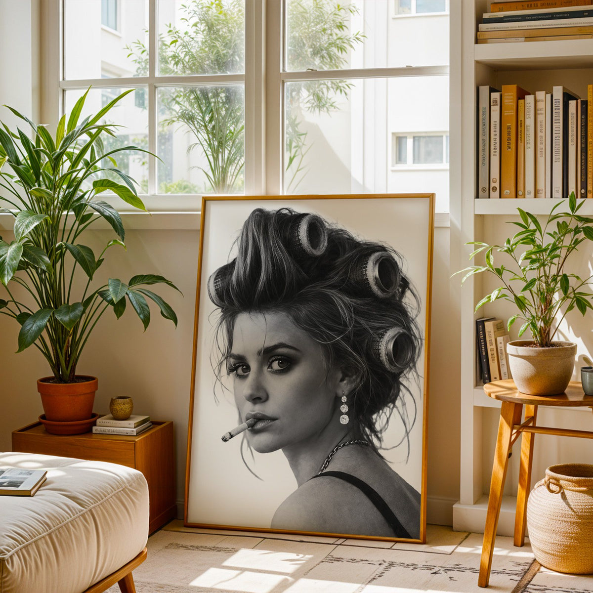 Woman in big curlers looking over shoulder print shown in a brass frame leaning on a sunlit living room floor