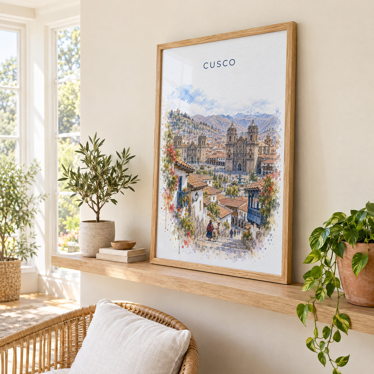 Cusco watercolor print in an oak frame on a picture ledge in a sunlit sunroom