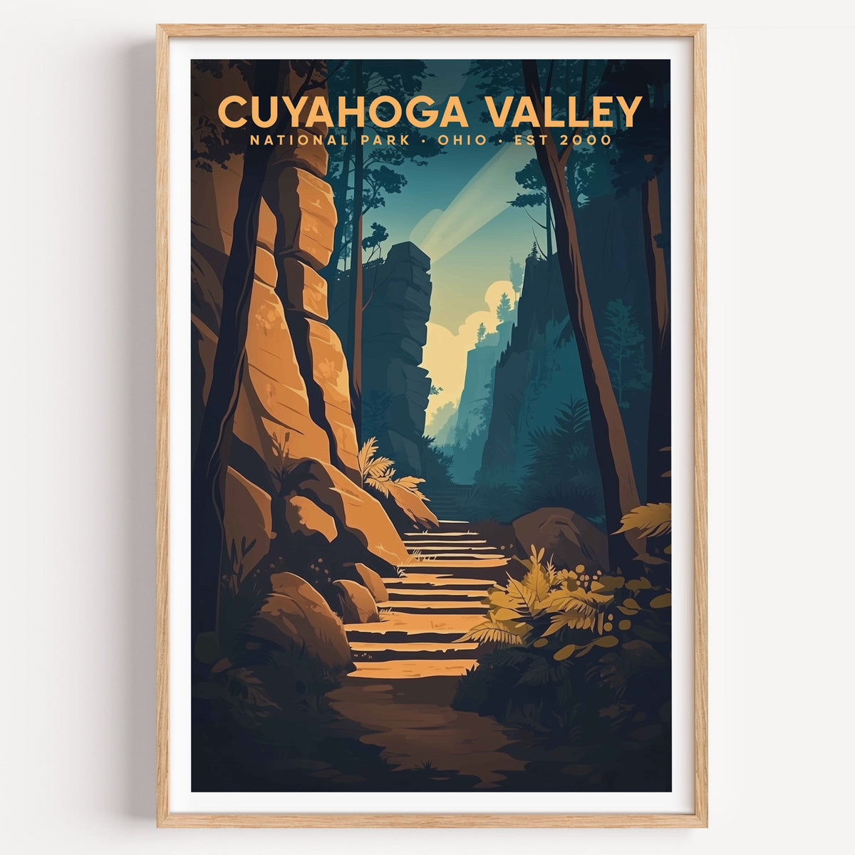 Cuyahoga Valley National Park illustrated print: a lit stone stairway, in an oak frame