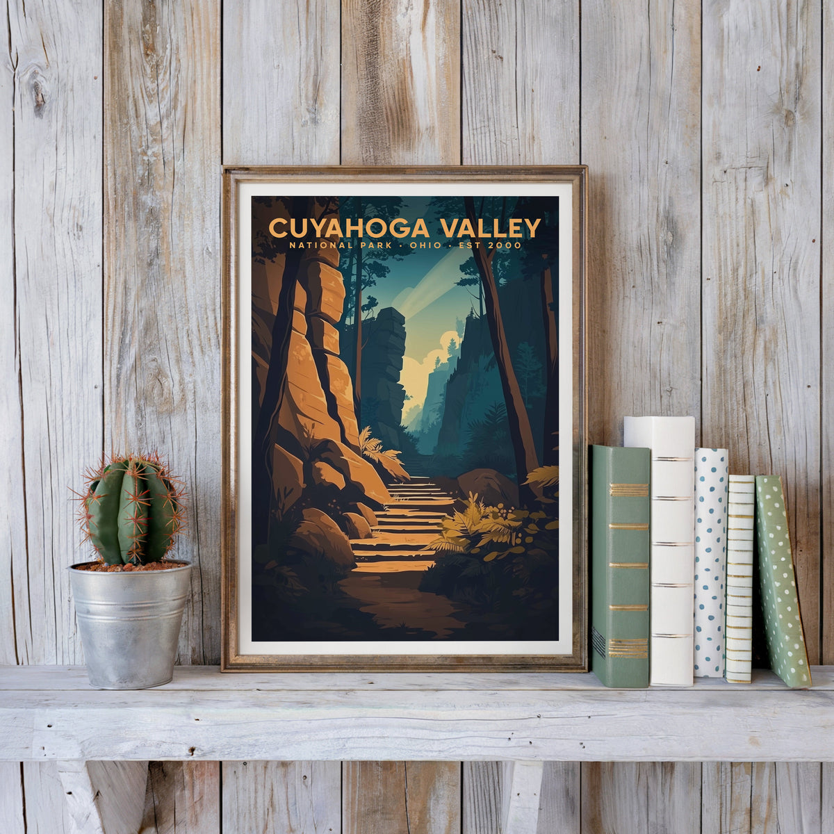 Cuyahoga Valley poster in an antique gold frame against whitewashed farmhouse planks