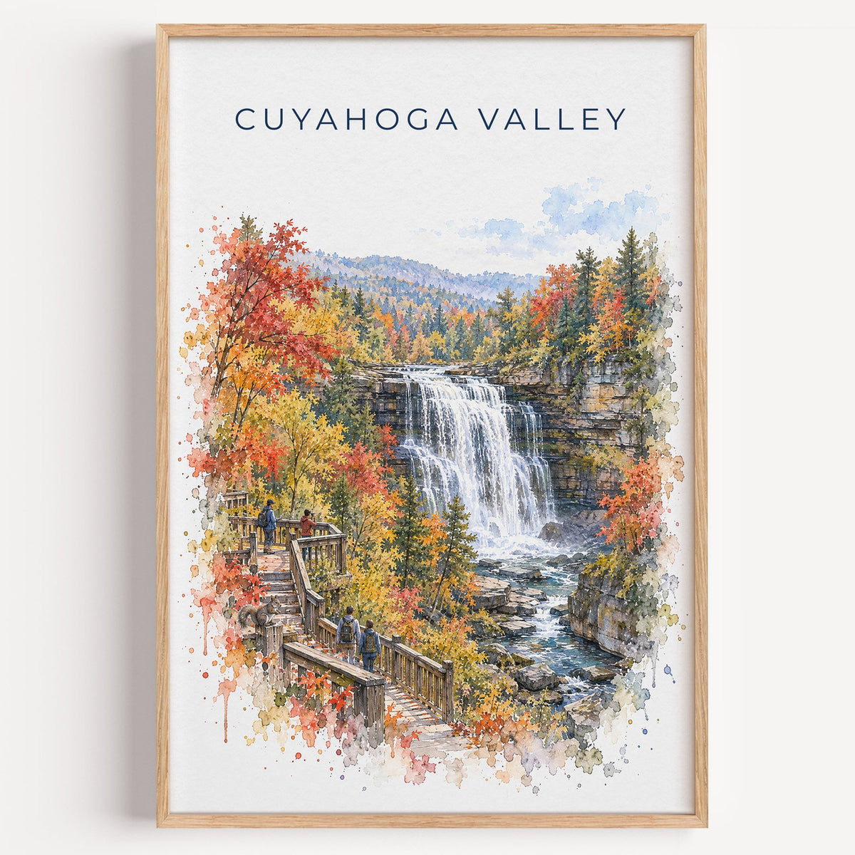 Cuyahoga Valley National Park watercolor print in a light oak frame on a plain white wall