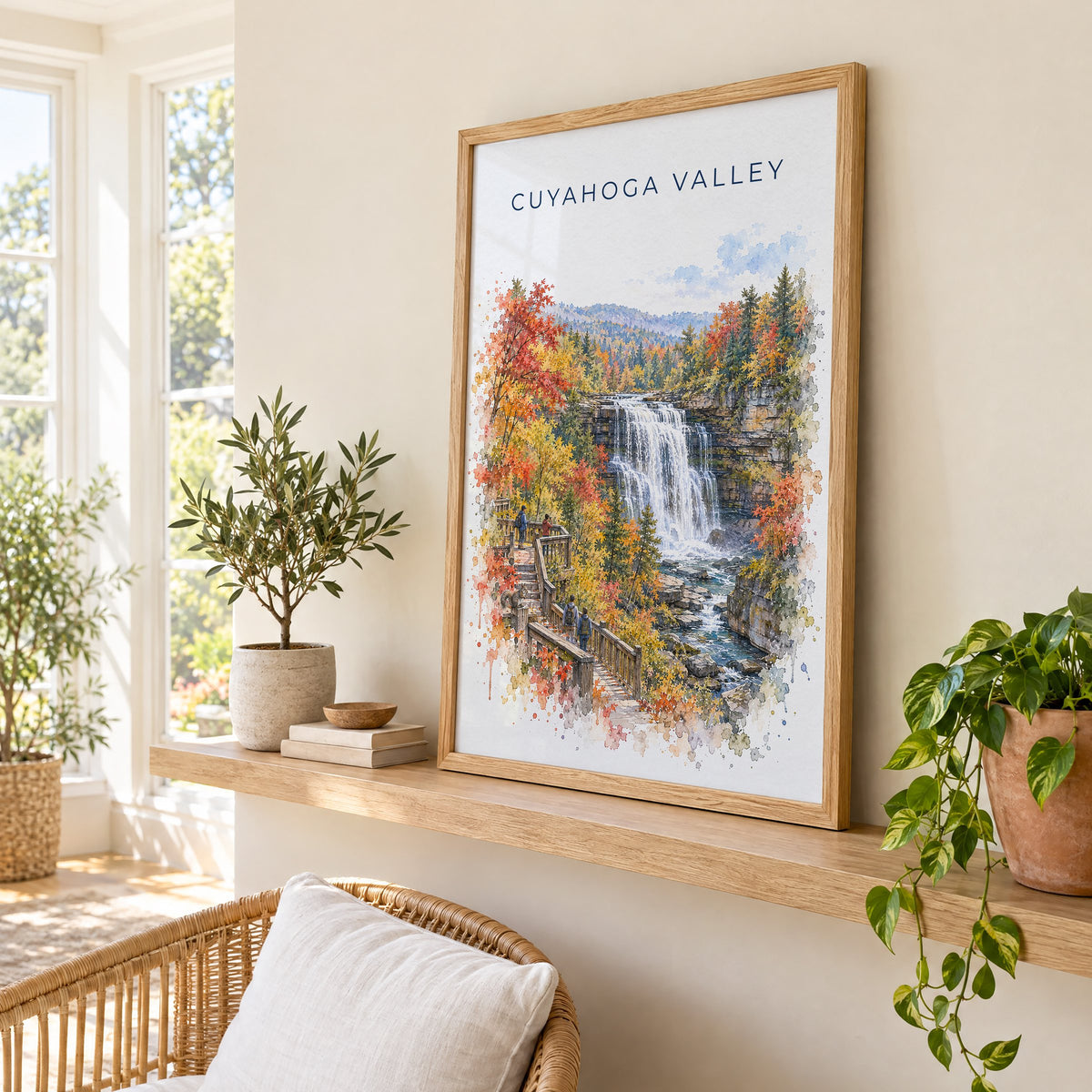Cuyahoga Valley National Park watercolor print in an oak frame on a picture ledge in a sunlit sunroom