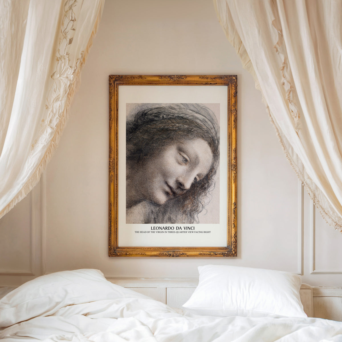 Chalk portrait print shown in an ornate gold frame above a canopy bed