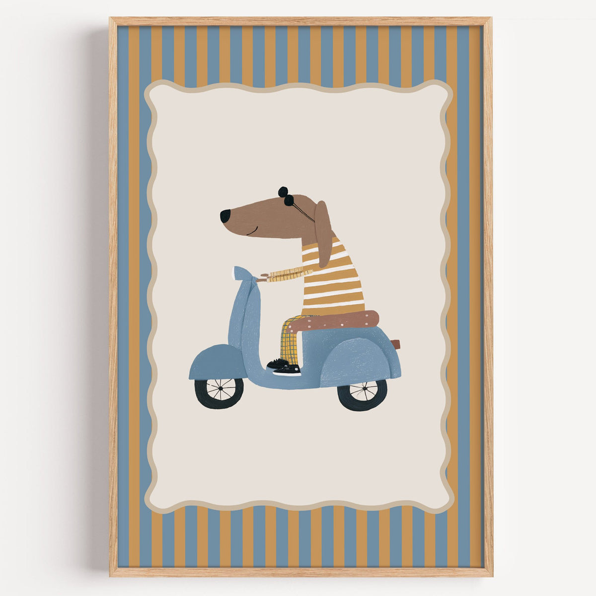 Dachshund on blue scooter nursery print in a light oak frame on a plain white wall