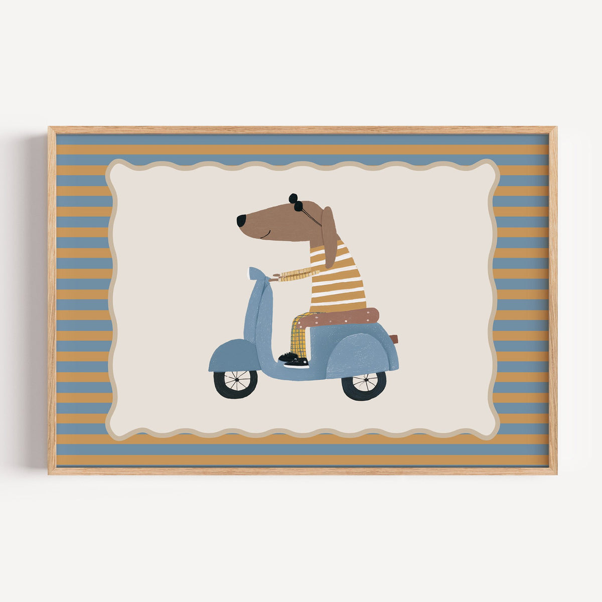 Landscape dachshund on blue scooter nursery print in a light oak frame on a plain white wall
