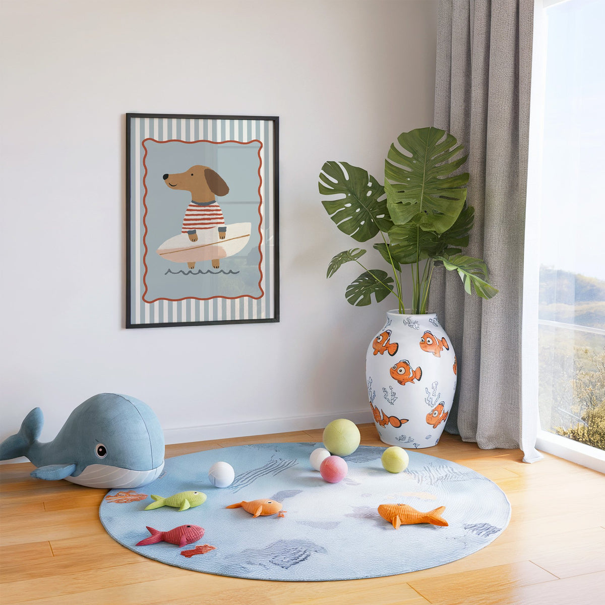 Dachshund holding surfboard nursery print in a black frame in a playroom with an ocean rug and whale plush