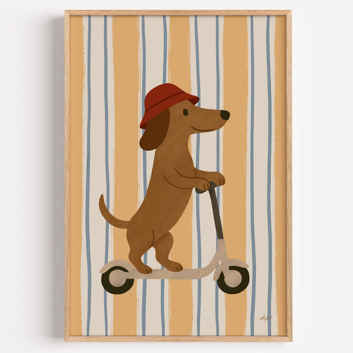 Dachshund riding scooter on stripes nursery print in a light oak frame on a plain white wall