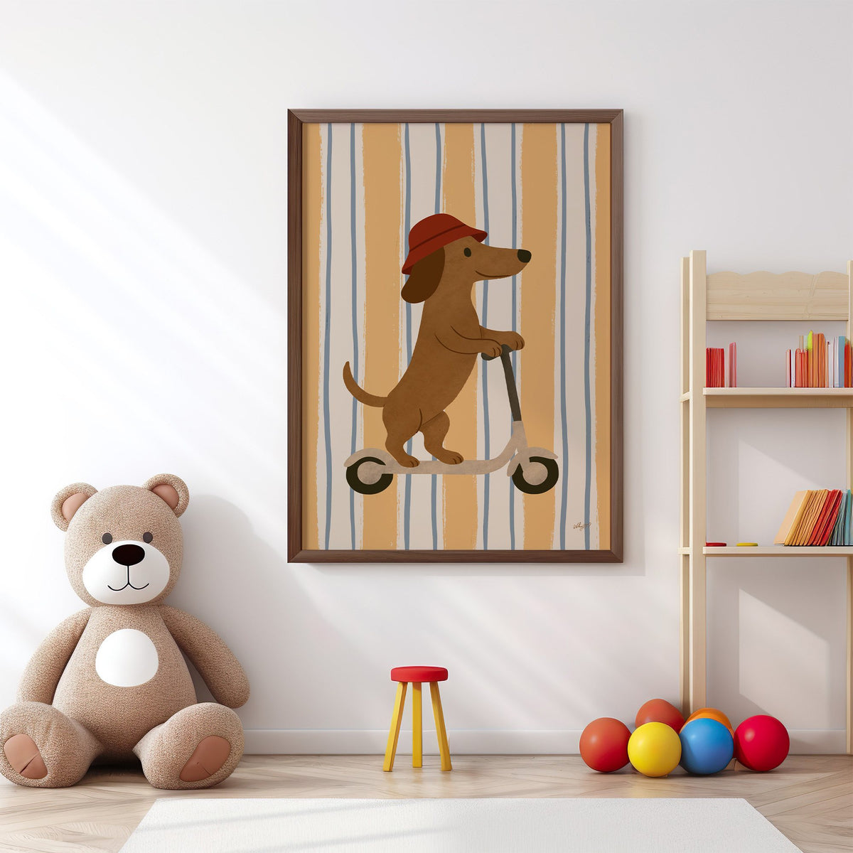 Dachshund riding scooter on stripes nursery print in a walnut frame above a big teddy bear by a bookshelf