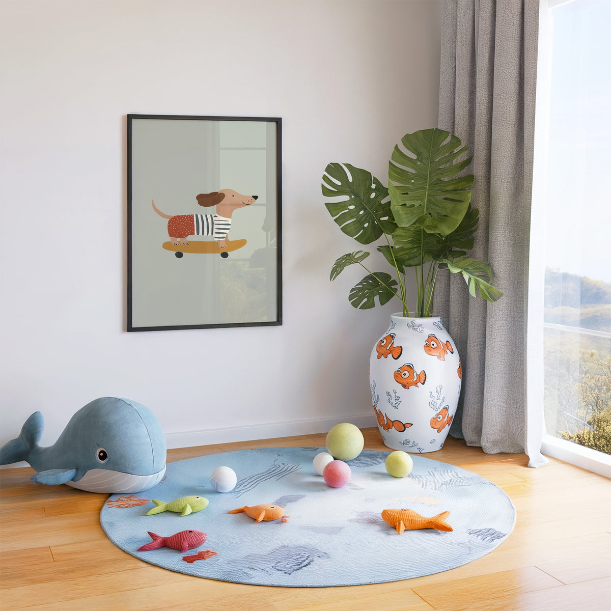 Dachshund skateboard sage nursery print in a black frame in a playroom with an ocean rug and whale plush