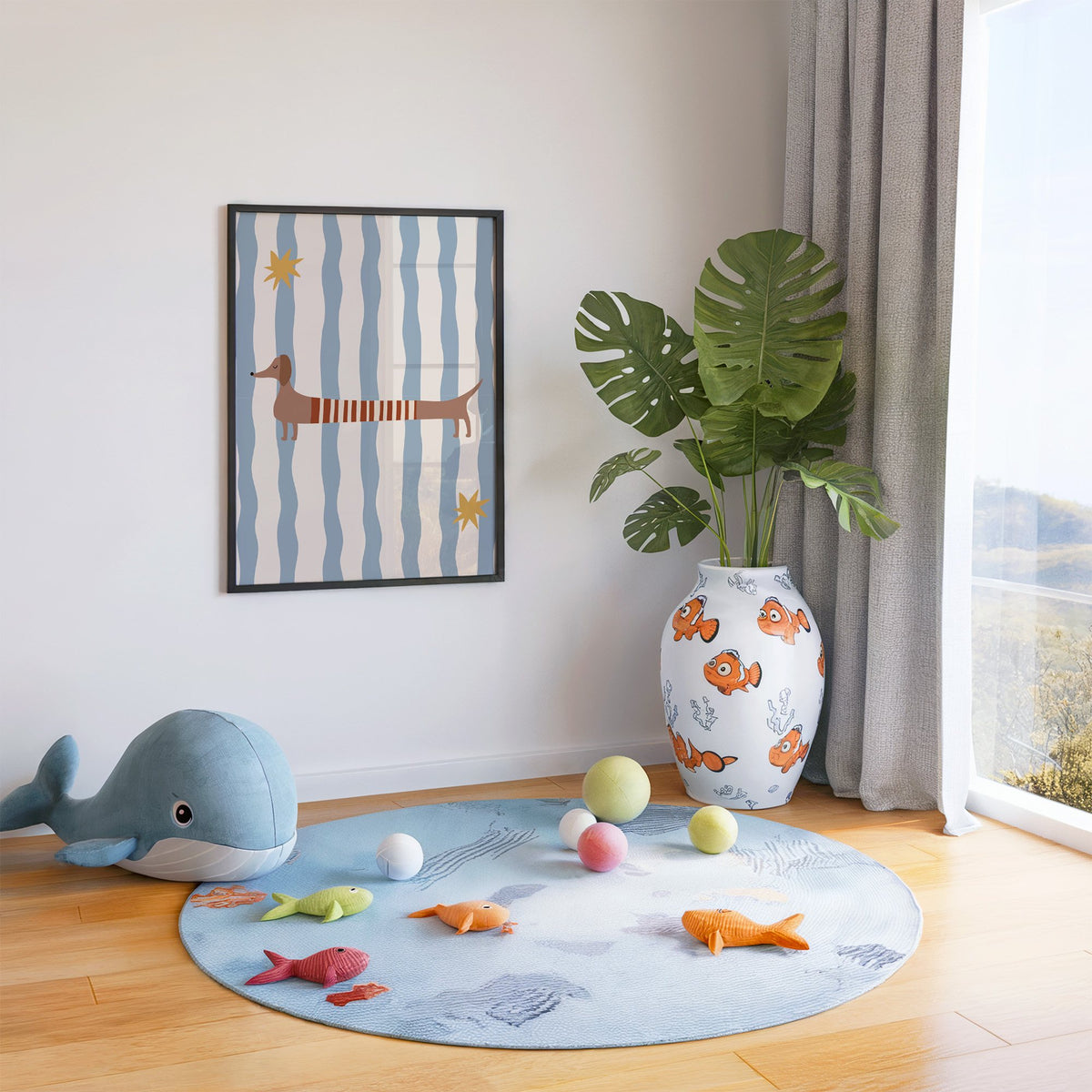Dachshund red striped sweater nursery print in a black frame in a playroom with an ocean rug and whale plush