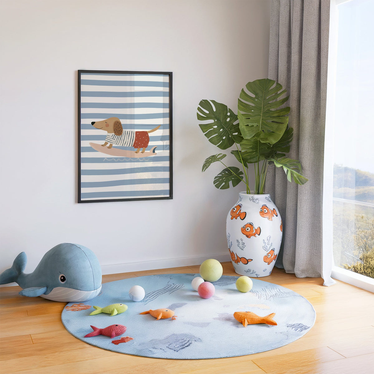 Dachshund on pink surfboard nursery print in a black frame in a playroom with an ocean rug and whale plush