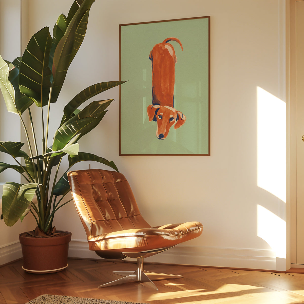 Sausage dog print in a slim walnut frame above a tan leather lounge chair