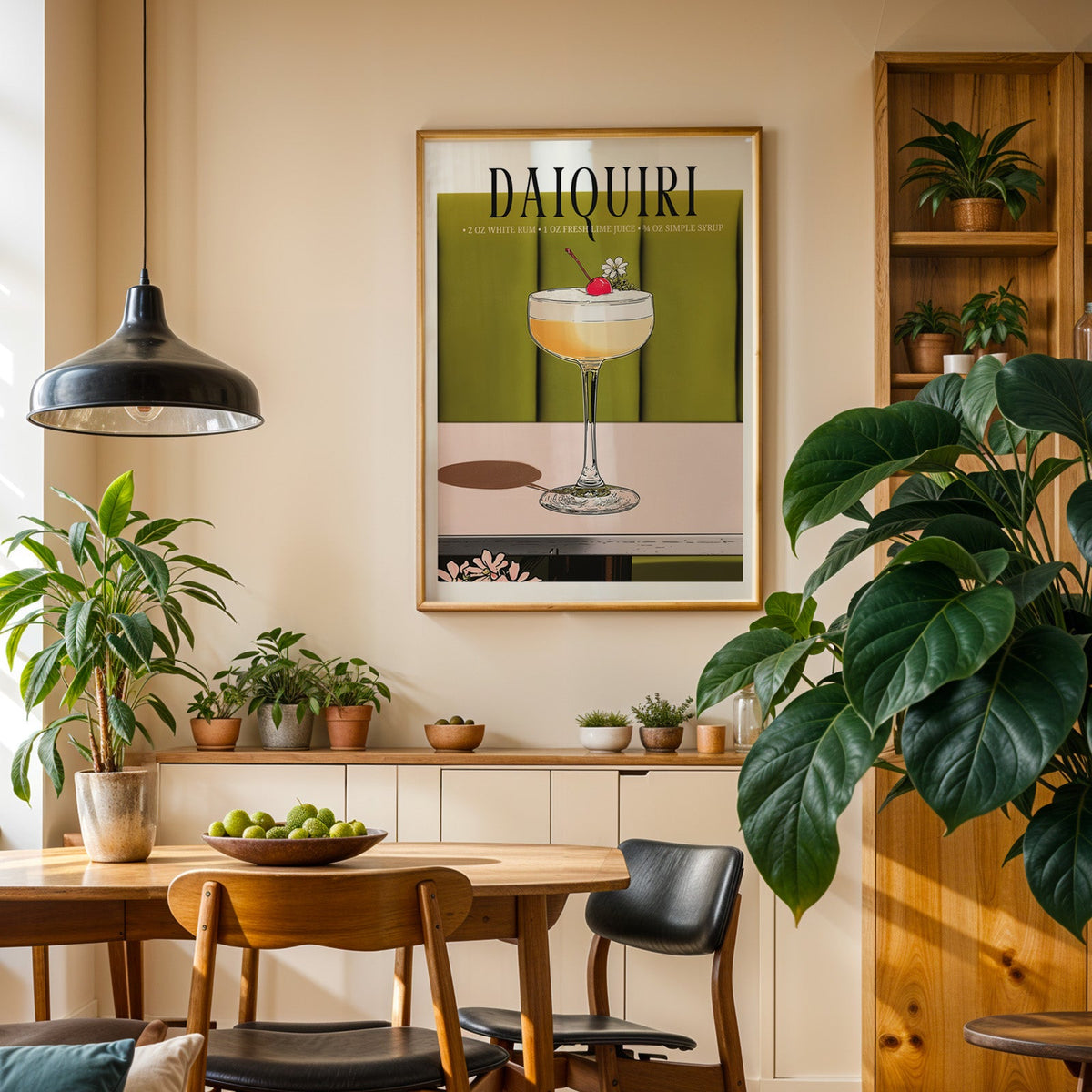 Daiquiri recipe print in an oak frame in a dining room above a plant-lined sideboard