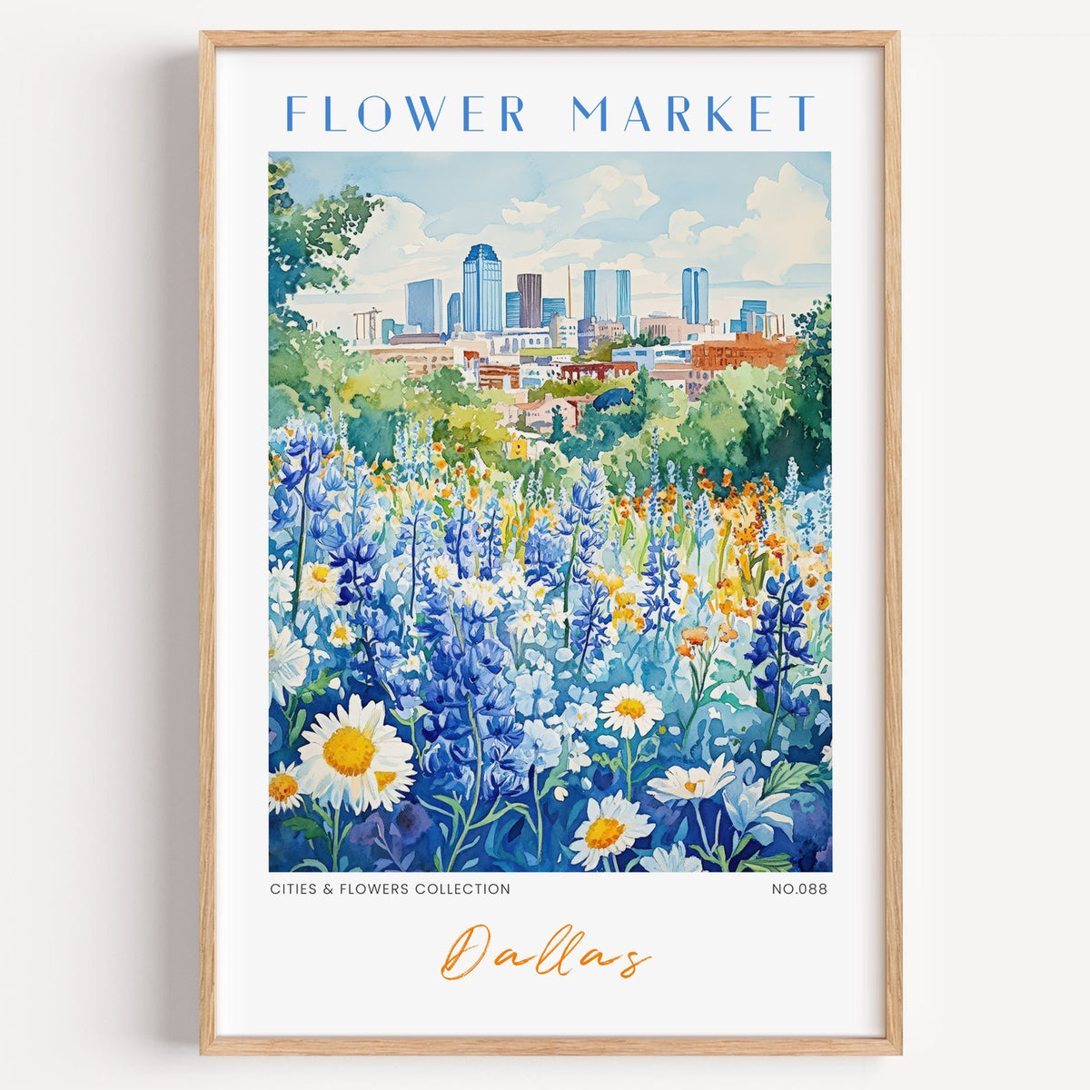 Dallas flower market print in a light oak frame on a plain white wall