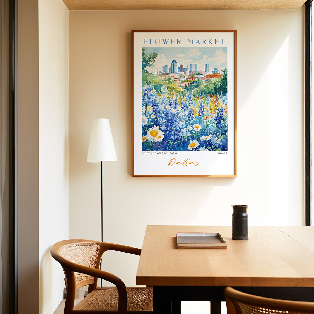 Dallas flower market print in an oak frame above a dining table and cane chair